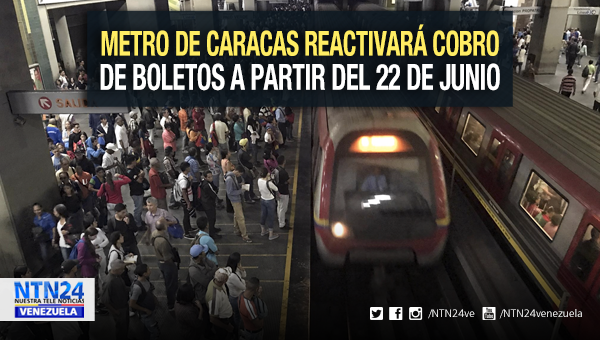 NTN24ve's tweet photo. El sistema Metro de Caracas informó que desde este #17Jun comenzará la venta de boletos del sistema ferroviario, así como las recargas de las tarjetas y, desde el sábado 22 de junio iniciará el cobro de la prestación del servicio https://t.co/3Yx1L89hPH https://t.co/hfSii13SIp