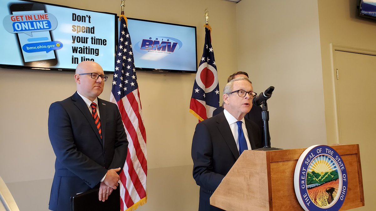 .<a href="/GovMikeDeWine/">Governor Mike DeWine</a> announces online check in system to allow you to virtually save space in line, see wait time and then show up at <a href="/Ohio_BMV/">Ohio Bureau of Motor Vehicles</a>. Pilot project includes several Columbus area locations.