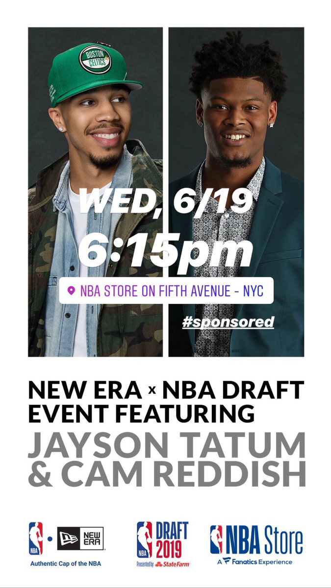 Cam Reddish (@camreddish) on Twitter photo Catch me and <a href="/jaytatum0/">Jayson Tatum</a> at the @nbastore this Wednesday 6/19 at 6:15p to hear about my draft journey with <a href="/Iam_SetFree/">$et Free</a>. First 115 to buy a <a href="/NewEraCap/">New Era Cap</a> NBA Draft cap gets you in. Catch me and <a href="/jaytatum0/">Jayson Tatum</a> at the @nbastore this Wednesday 6/19 at 6:15p to hear about my draft journey with <a href="/Iam_SetFree/">$et Free</a>. First 115 to buy a <a href="/NewEraCap/">New Era Cap</a> NBA Draft cap gets you in.