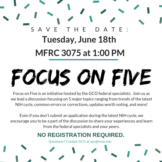 MCW_GCO's tweet photo. Focus on Five is tomorrow at 1:00 PM in MFRC 3075!  There's no registration required. We hope to see you there! 
#GCOFocusonFive https://t.co/ukCNpzHstS