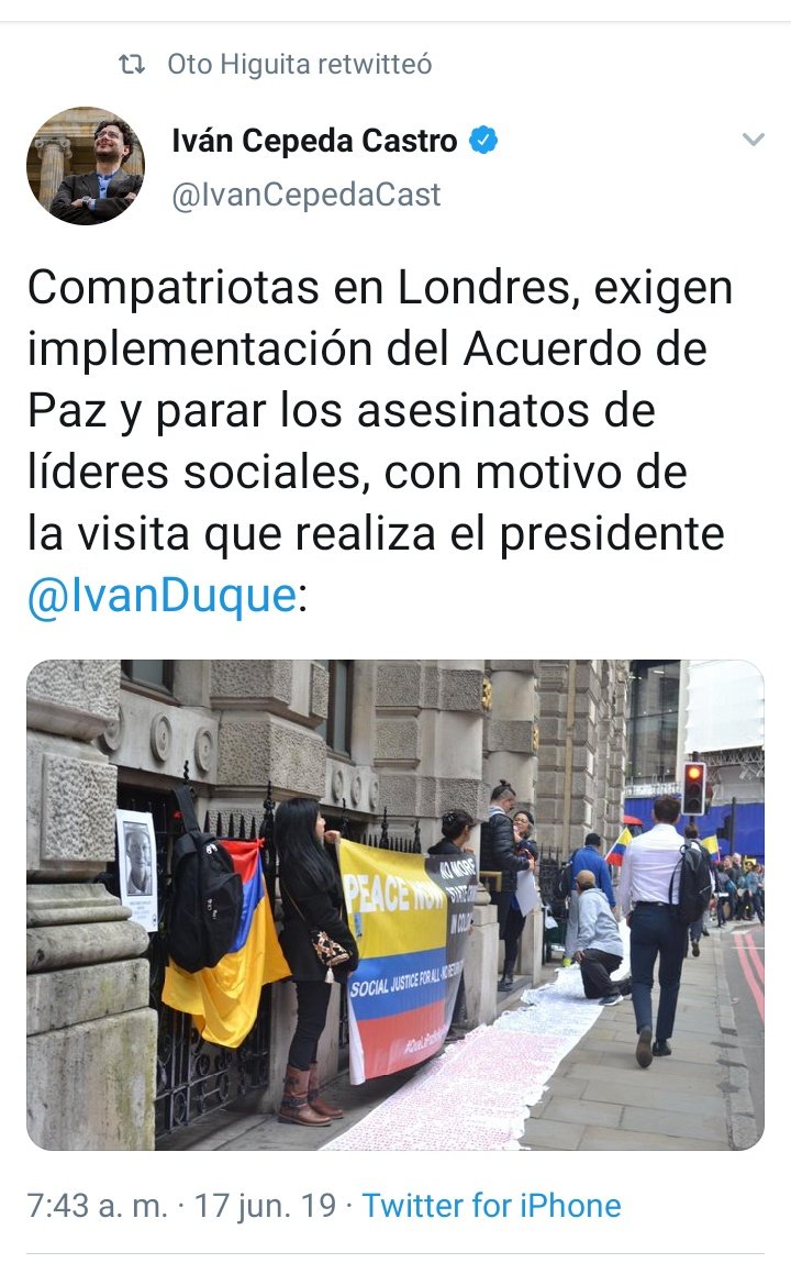 GustavoRugeles's tweet photo. ¿De dónde viene la guerra sucia contra @IvanDuque en Londres? 

Revisamos y la primera cuenta en Twitter el plantón donde le gritan 'asesino' fue la de @Otohiguita y los primeros en RT @IvanCepedaCast
y el asesor de @petrogustavo
#NoMásLíderesAsesinados https://t.co/phiHElheTi