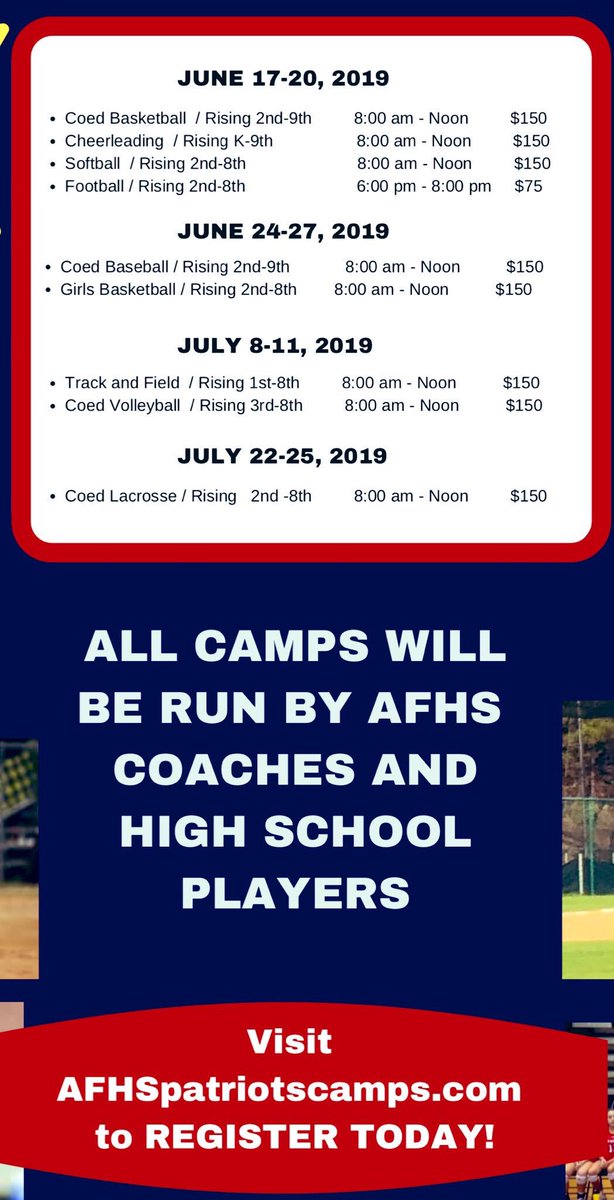 Patriots Baseball (@afhs_baseball) on Twitter photo Still have time to register for camp, it starts a week from today!!! We r going to have a great time learning the game of baseball and building the Friendship culture!!!
<a href="/AFHSannounce/">AFHS_Announcements</a> @AFHSPAC Still have time to register for camp, it starts a week from today!!! We r going to have a great time learning the game of baseball and building the Friendship culture!!!
<a href="/AFHSannounce/">AFHS_Announcements</a> @AFHSPAC