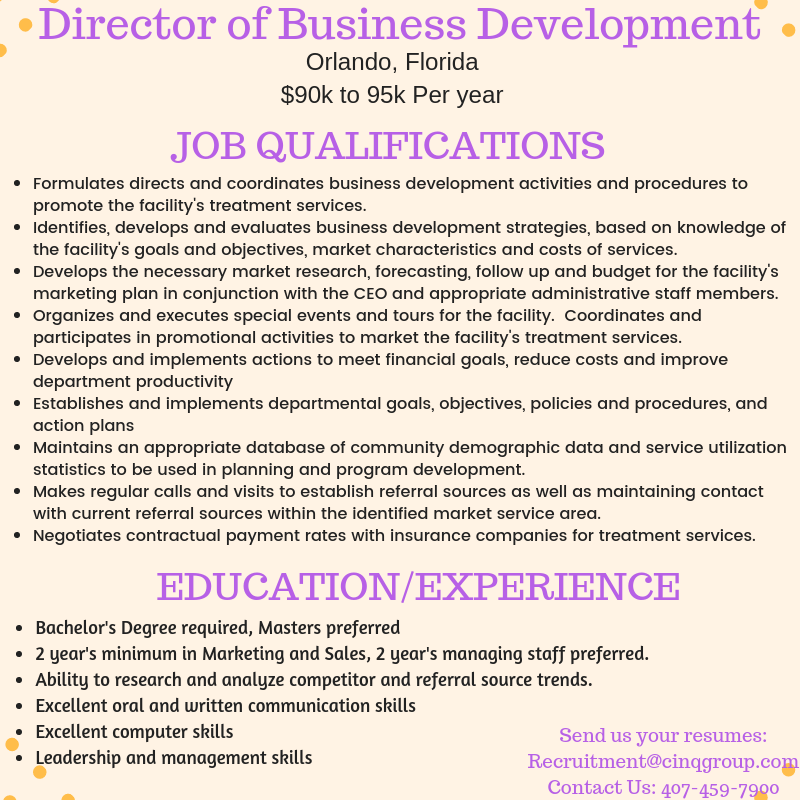 CINQRecruitment's tweet photo. Happy Monday Everyone! We have Good News, We have a New Job Opening in Orlando, Florida. If you are interested in the Director of Business Development Position please send your resumes to the email address provided on the flyer or give our office a call.
#ThinkCiNQ #orlandofl https://t.co/xWiXpGvWzD