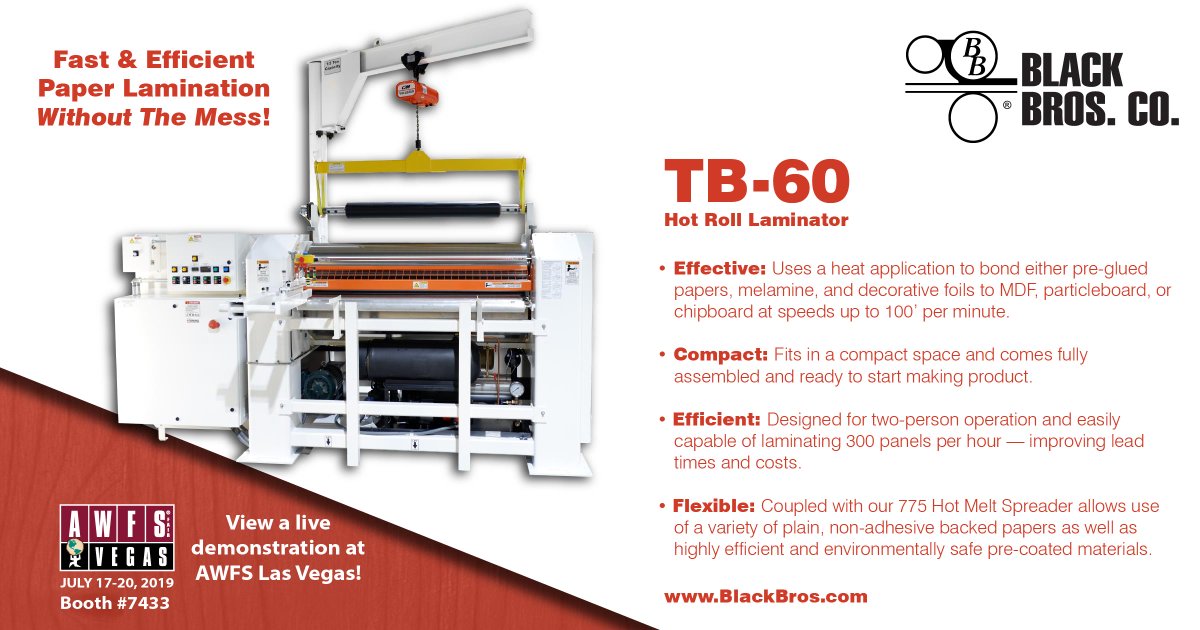 Learn about our customization options &amp; check out our TB-60 Hot Roll Laminator in action at the <a href="/AWFSFair/">AWFSFair</a> in Vegas. We'll have our 22D-875 and 775 Hot Melt Adhesive Spreaders on hand too.  #Laminating #AdhesiveSpreader #RollCoater #WoodWorking #laminator  bit.ly/2wSYtmp