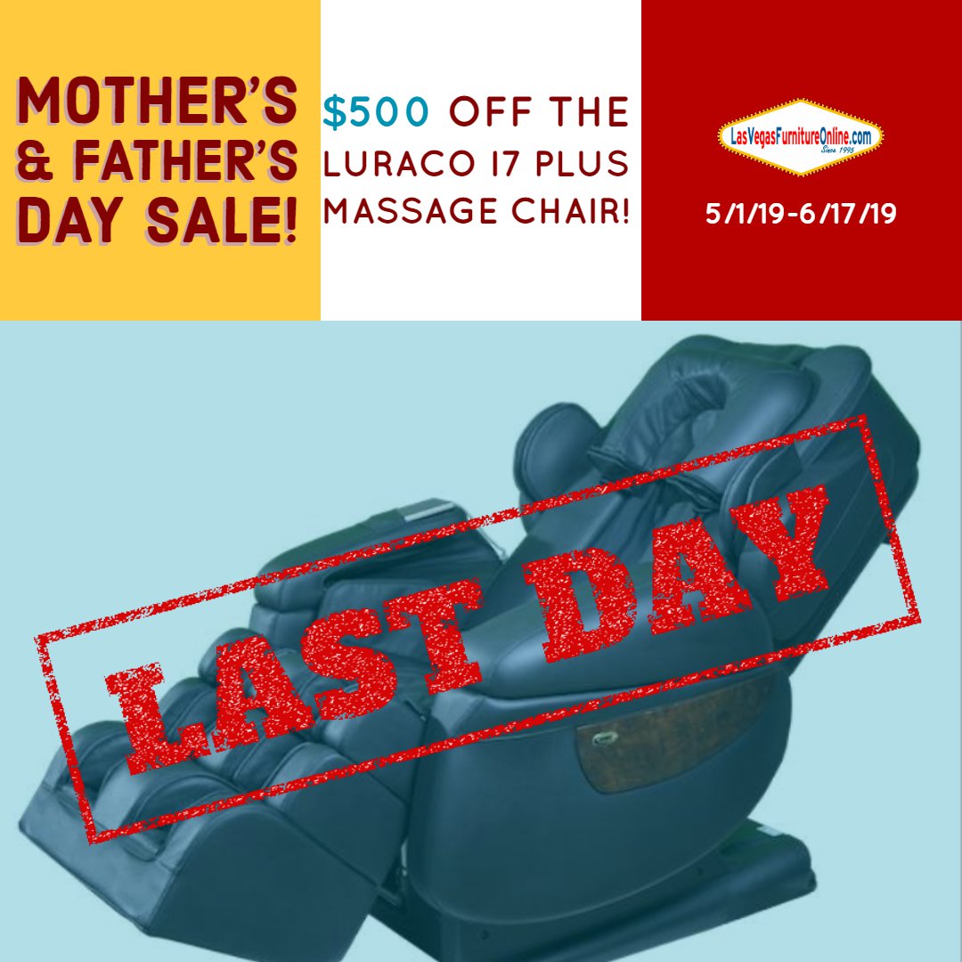 ShopFurnitureLV's tweet image. LAST DAY! Save $500 on the #Luraco i7 PLUS #MassageChair this #MothersDay &amp;amp; #FathersDay ! Show your family you care &amp;amp; give the gift of #UltimateRelaxation . Exclusions Apply. See Site for Details. 5/1/19-6/17/19. #massage #relax #sale #shop ow.ly/eHGc50tmLe8
