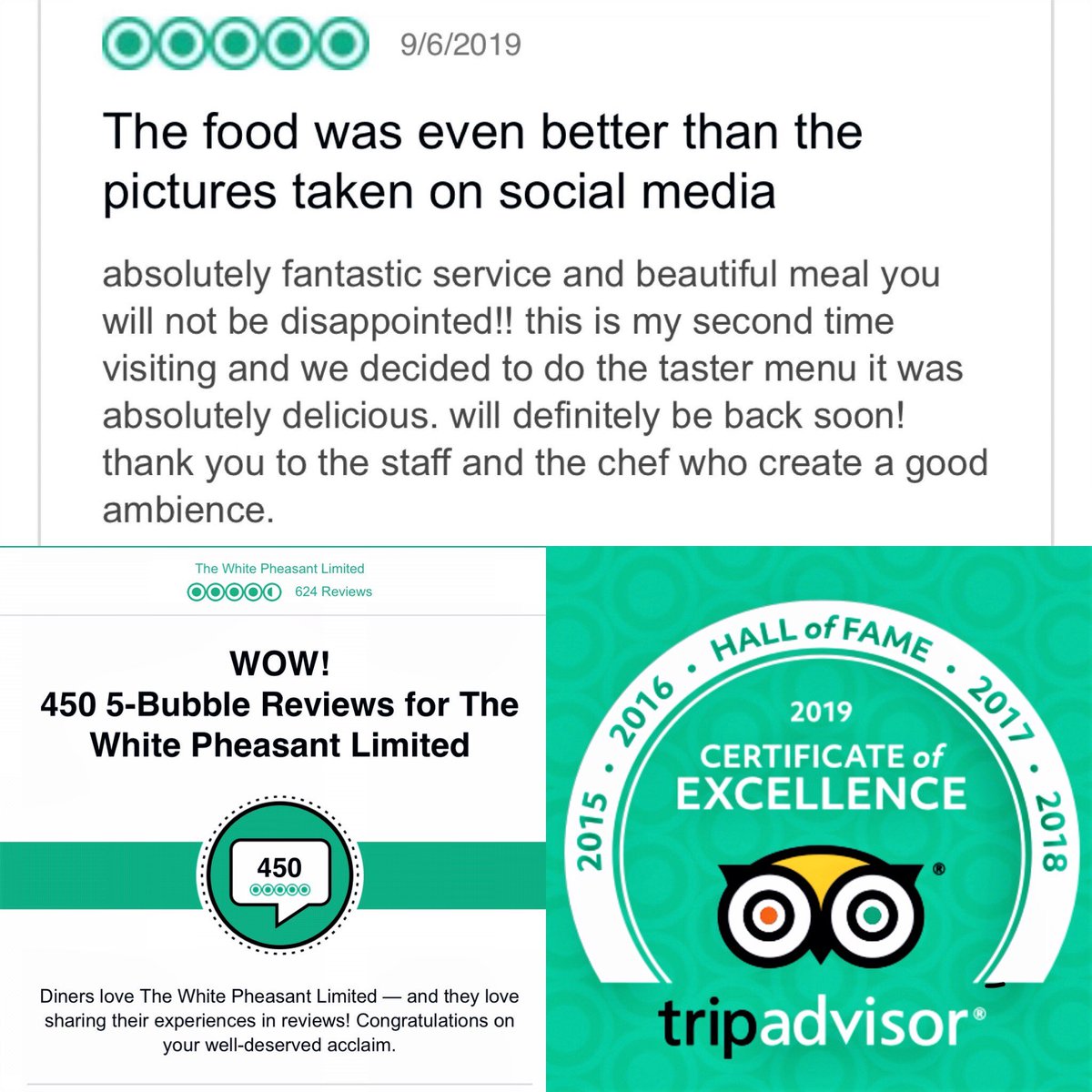 whitepheasant's tweet photo. #Wow #Tripadvisor 450 5* Star reviews &amp; 6 consecutive years @TripAdvisorUK Certificate of Excellence😊Thanks to all our #loyal customers for your support &amp; to our Team White Pheasant makes it all worth while #Newmarket #Suffolk #Ely #Cambridgeshire #Michelinguide2019 #2AARosette https://t.co/jGkWTQauPa