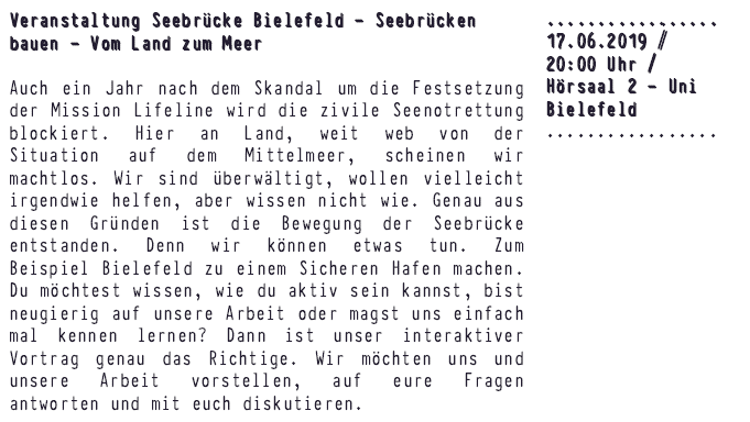 unibi_AStA's tweet photo. Seebrücken bauen, vom Land zum Meer - Veranstaltung @SeebrueckeBi heute 20 Uhr im Hörsaal 2 @unibielefeld im Rahmen des #AntiracismFestival2019 https://t.co/FaouxfKkf4 https://t.co/HPM74nccoW