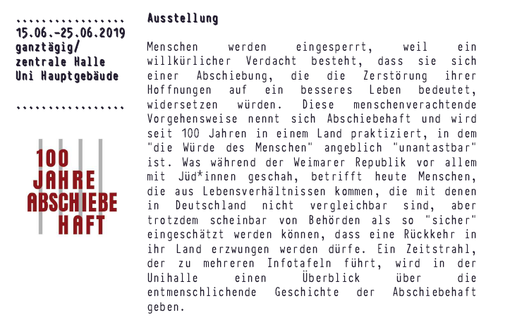 unibi_AStA's tweet photo. Unsere Ausstellung zu 100 Jahren Abschiebehaft ist bis 25. Juni in der zentralen Unihalle @unibielefeld zu sehen! #AntiracismFestival2019 
U.a. gibt es Zeichnungen eines Menschen, der mehrere Tage in Büren in Isolationshaft war und heute abgeschoben werden sollte. https://t.co/PGp9LEulvj