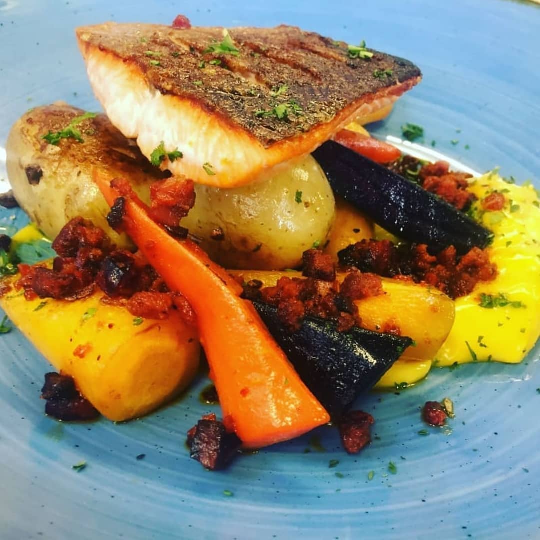 Chalk Stream Trout, Rainbow Charred Carrots, Garlic New Potatoes and Saffron Aioli 🐟🥕🥔 #chalkstreamtrout #newpotatoes #newdish #no1upstairs #northnorfolkcoast #foodie #foodporn #foodwithaview  @ChefGalton @spenny10 @MorstonHall