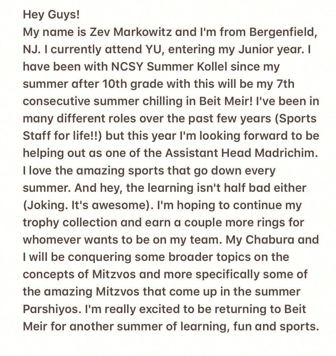 ncsykollel's tweet photo. With the #BestSummerEver eagerly approaching, we want to introduce some of our amazing madrichim for NCSY Kollel summer 2019. First up is life long NCSY Kollel legend Zev Markowitz. https://t.co/ix3rI7AkAr