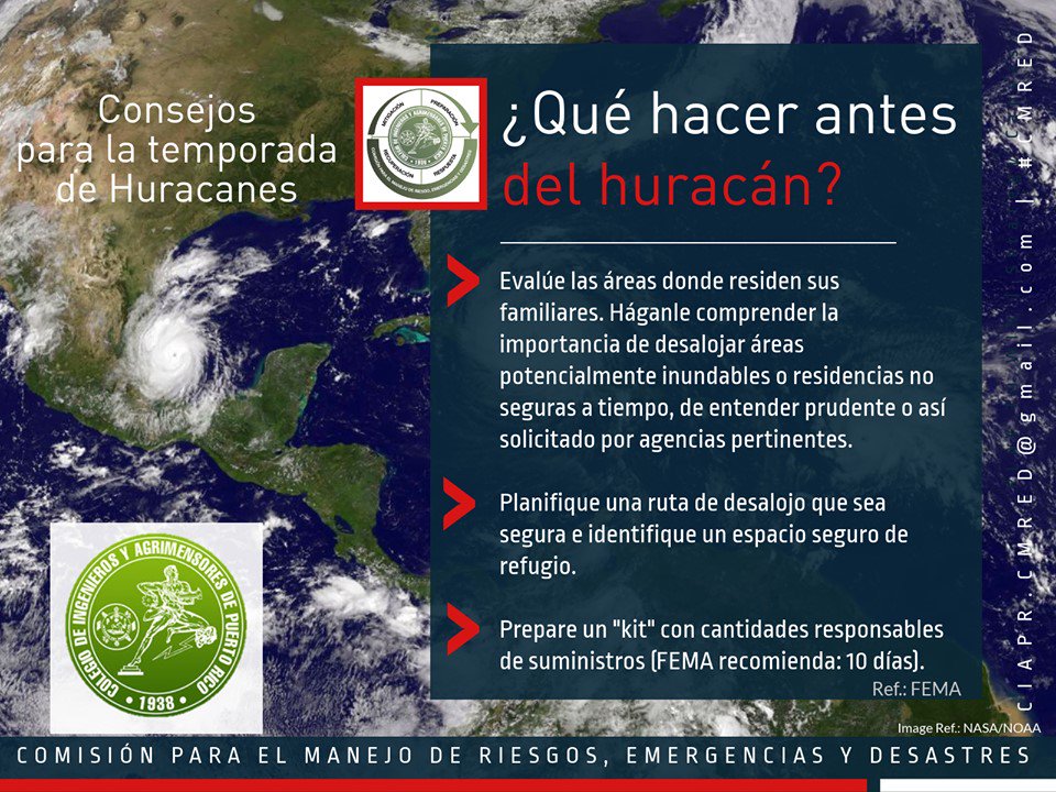 ciaprpr's tweet photo. La Comisión para el manejo de riesgos, emergencias y desastres del CIAPR te brinda consejos para la temporada de huracanes. Conoce lo que debes hacer antes de un huracán. #CIAPR #CMRED #CIAPRCMRED. #TemporadaHuracanes2019 #CIAPRInforma #PreparateaTiempo https://t.co/QWGbSOOMhK
