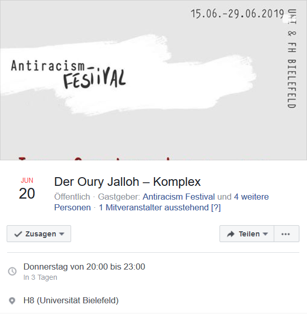 OuryJalloh's tweet photo. #AntiracismFestival in #Bielefeld
#INFO zum #OuryJallohKomplex + #AmadAhmad
#MOBI zum 15. Todestag am 7. Januar 2020 in #DeSSau

Donnerstag 20. Juni 2019 | 20 - 22 Uhr
Hörsaal 2, Uni Bielefeld | Universitätsstr. 25

👉🏿https://t.co/KqJnpTff2r
#FB👉🏿https://t.co/AjaA5sQY62 https://t.co/jqkru4R8jw