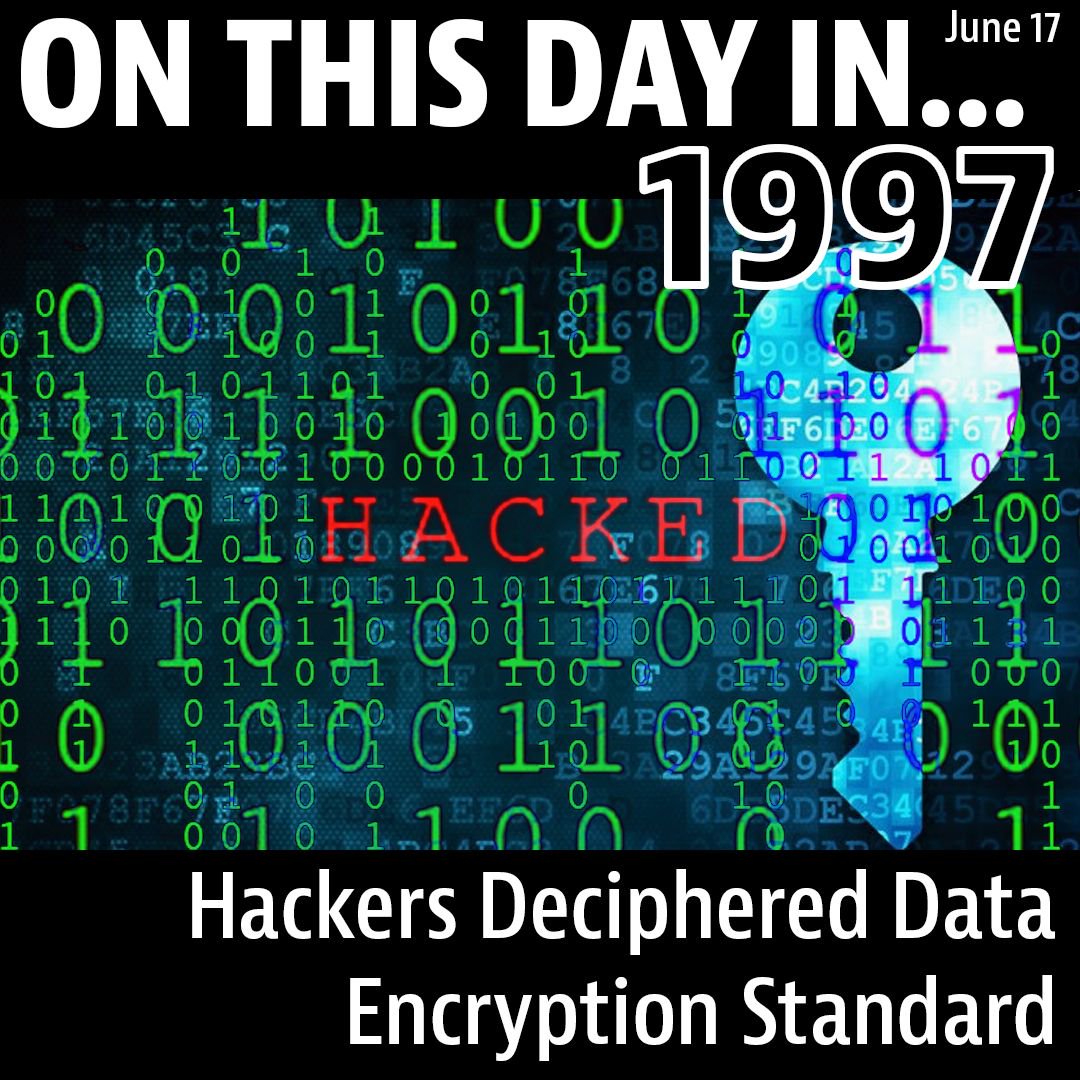 DigitalVasari's tweet photo. #OnThisDay in 1997 Hackers Deciphered Data Encryption Standard, a computer code which had been designed to be an impenetrable encryption software. A group of users organized over the Internet cracked the software. 

#tdih #digitalart #electronicart #multimediaart #newmediaart https://t.co/nvdFW48VGX