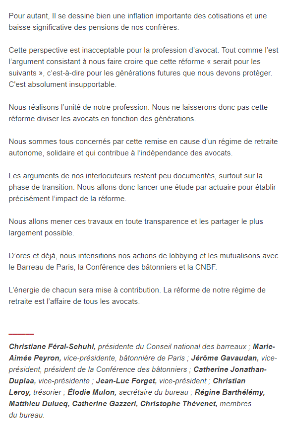 CNBarreaux's tweet photo. [FLASH INFO]

La réforme des #retraites des avocats, c'est l'affaire de tous ! 

"Nous ne laisserons [...] pas cette réforme diviser les avocats en fonction des générations."

cc @feral_schuhl @Avocats_Paris @PEYRONA @Conf_Batonniers ⤵ https://t.co/jgMTyV1udY