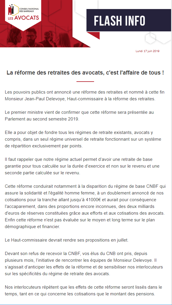 CNBarreaux's tweet photo. [FLASH INFO]

La réforme des #retraites des avocats, c'est l'affaire de tous ! 

"Nous ne laisserons [...] pas cette réforme diviser les avocats en fonction des générations."

cc @feral_schuhl @Avocats_Paris @PEYRONA @Conf_Batonniers ⤵ https://t.co/jgMTyV1udY