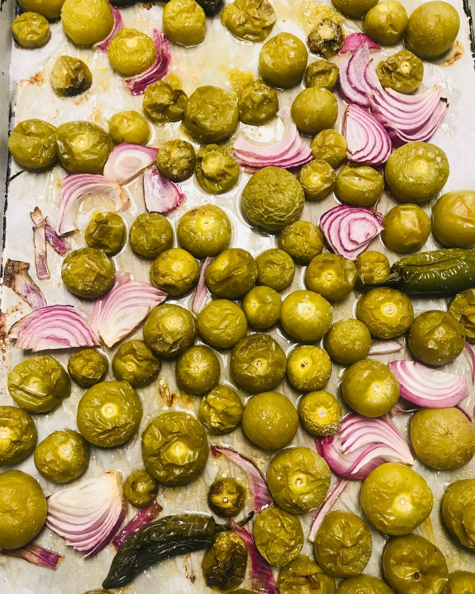 Roasting tomatillos, red onions, and jalapenos to make the sauce for our delicious chilaquiles. Try them out for a unique breakfast option. #scratchcooking #housemade