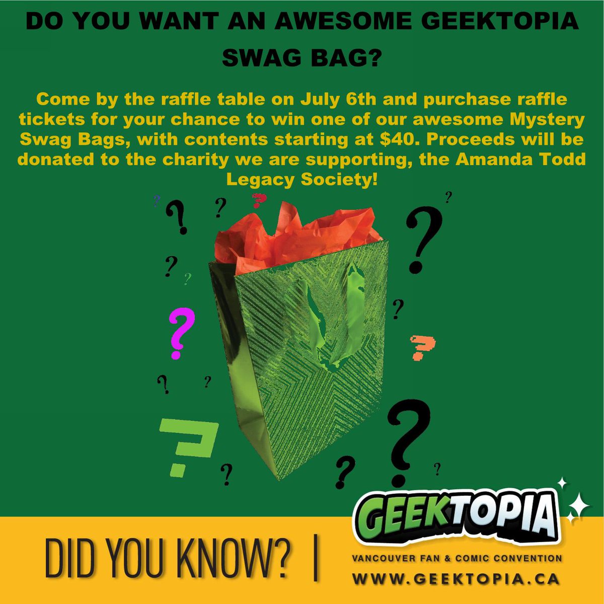 geektopiaonline's tweet photo. ITS #MYSTERYMONDAY and we're so excited! We've got 14 mystery bags with cool swag for you #geektopians to #win on July 6. Proceeds from the #raffle go to the @AToddLegacy so buy your tickets and be our heroes!
Get your #tickets to our event! https://t.co/yl3Q2mR0BL
#geeksforgood https://t.co/Uf8OaVgisE