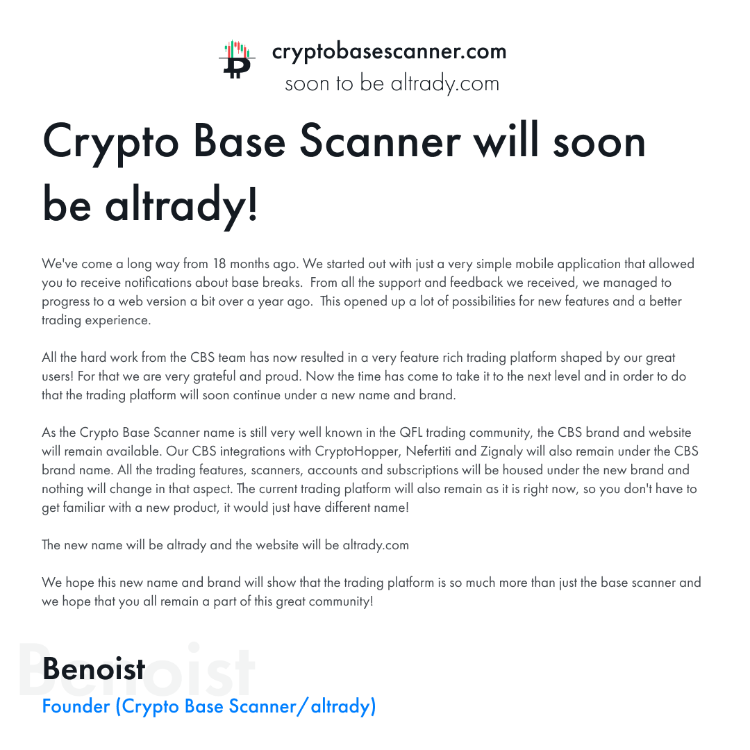 base_scanner's tweet image. Where do we go from here? #CBS Founder, Benoist, announces that #CryptoBaseScanner will soon be #altrady to encompass more #trading features that could help the #crypto #community. 

Remember the 7 letters: a-l-t-r-a-d-y! 

Soon, altrady!

#cryptonews #cryptoexchange