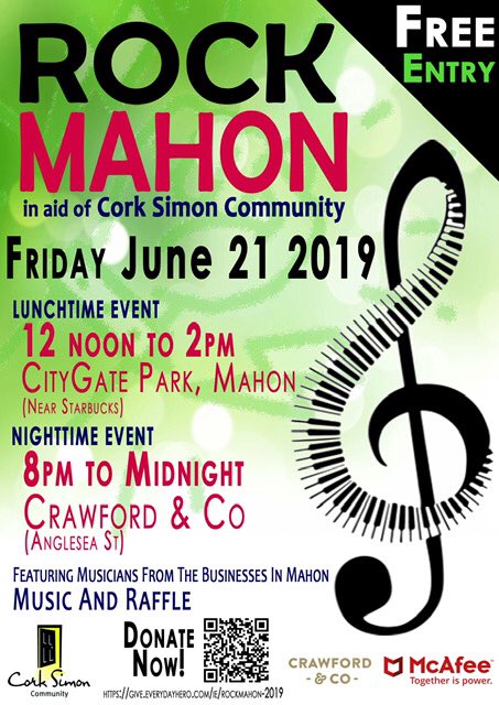 Check out Rock Mahon thats on this Friday 21st June where <a href="/uknowlike/">Bernard O'Donovan</a> with #McAffee are organising two great events in aid of #Cork @SimonCommunity, including music and great prizes to be won. If you want to donate to this great cause you can do so here: give.everydayhero.com/ie/rockmahon-2…