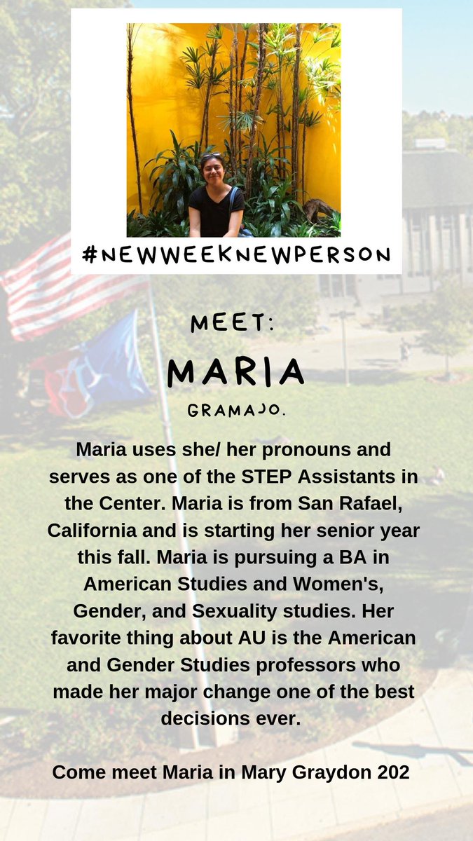 auCDI's tweet photo. Our second #NewWeekNewPerson post goes another one of our STEP Assistants, Maria! In August, Maria will start her senior year with @AUcollege! We are so excited to have her on our team and canโt wait to see all she accomplishes this year. #NewNew #AU23 #AU22 #AU21 #AU20 https://t.co/JyCnPEvWxM