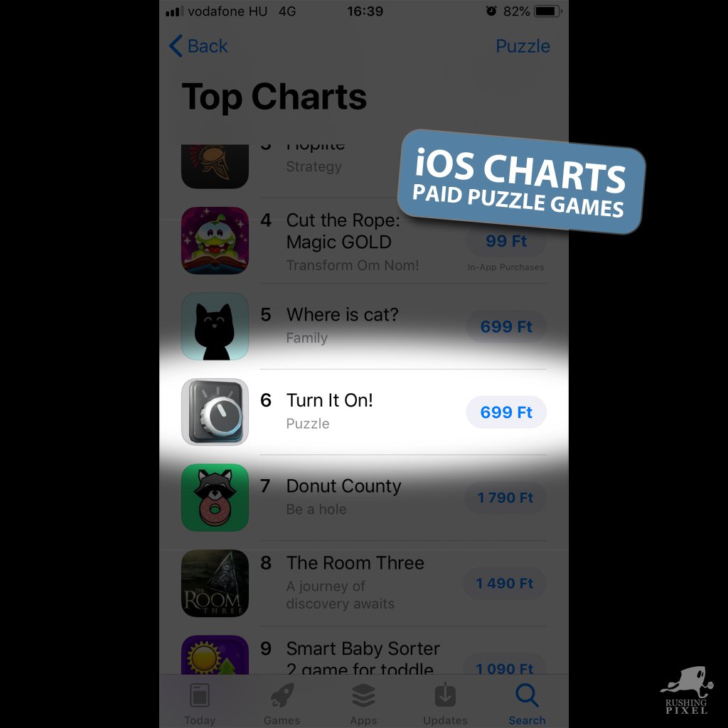 rushingpixel's tweet photo. #TurnItOn made it into the top ten paid puzzle games on the App Store! 😊 #indiegame #indiedev #iosgaming #puzzle #braingames #brainteaser #ios #gamesforiphone #madewithunity https://t.co/lfGpbvBxYz
