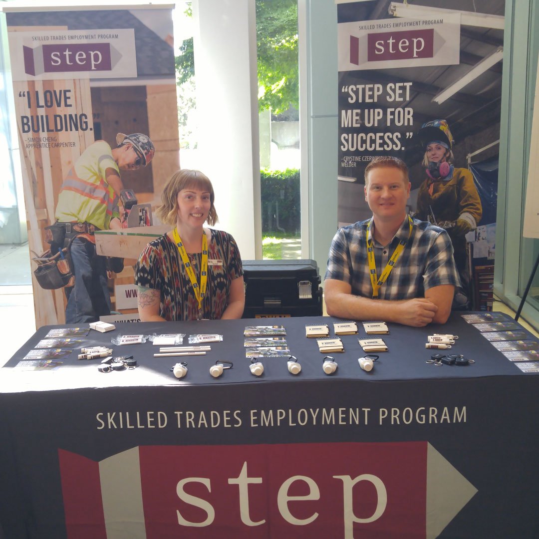 Regional Manager, Faith, &amp; Regional Employment Placement Specialist (REPS), Kyle, are set up at @CAF_FCA 2019 Supporting Women in Trades Conference today! #SWiT2019 #breakingbarriers <a href="/bcbuilderscode/">Builders Code</a>