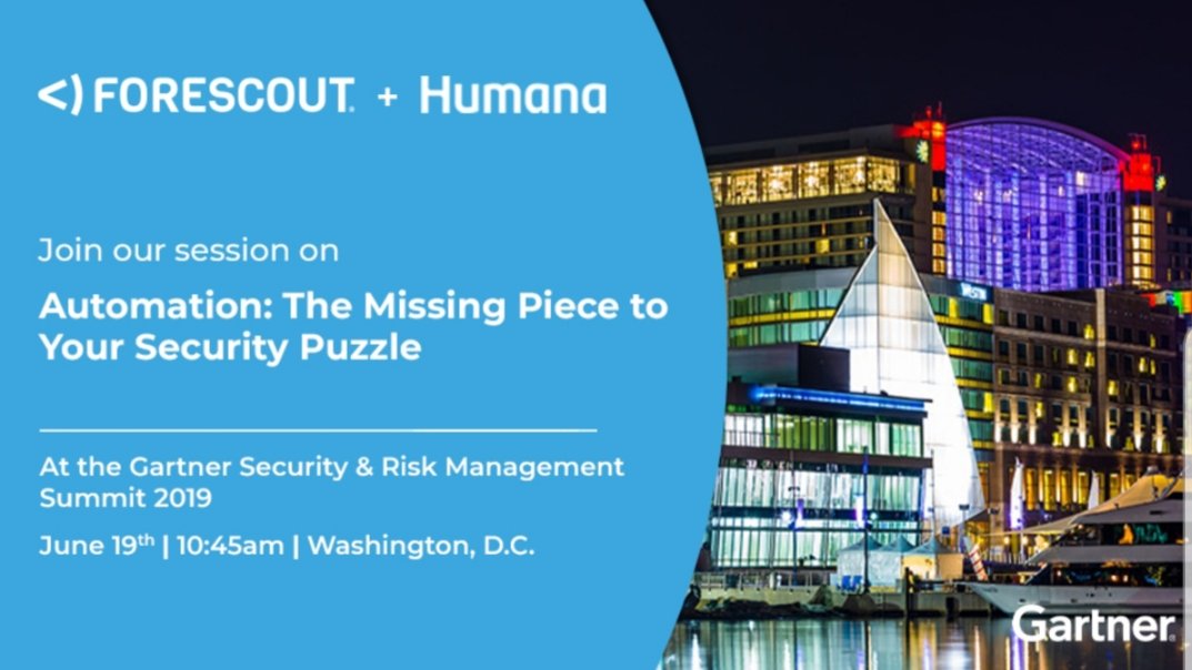 oneleg's tweet photo. Going to Gartner this week? Don't miss this session with @ghctim from Humana & @tomdotdolan from @Forescout sharing how Humana's Automation Strategy for Cybersecurity #DeviceVisibility #AutomatingCyber #Controls https://t.co/qKFKptIYrs