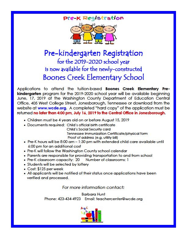 Pre-Kindergarten Registration for 2019-2020 newly-constructed  Boones Creek Elementary