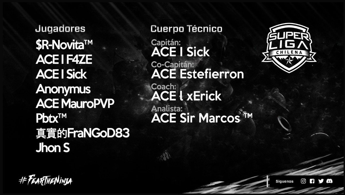 ¡Les presentamos nuestro roster de @SLigaChilenaCR! 🔥

Estos serán los integrantes de un sólido grupo el cual buscará representar de la mejor manera a nuestro equipo en la liga con más prestigio a nivel nacional 🇨🇱

#FearTheNinja ⚔
#GoAcademy ⚔