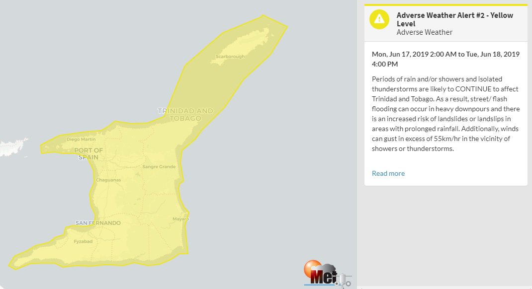 Seigonie's tweet image. UPDATE: TTMet Service extends Yellow level alert to 4pm Tuesday as Periods of rain-showers and isolated thunderstorms are likely to CONTINUE to affect Trinidad and Tobago @tv6tnt  #landsliderisk #gustywinds #floodrisk #ITCZ