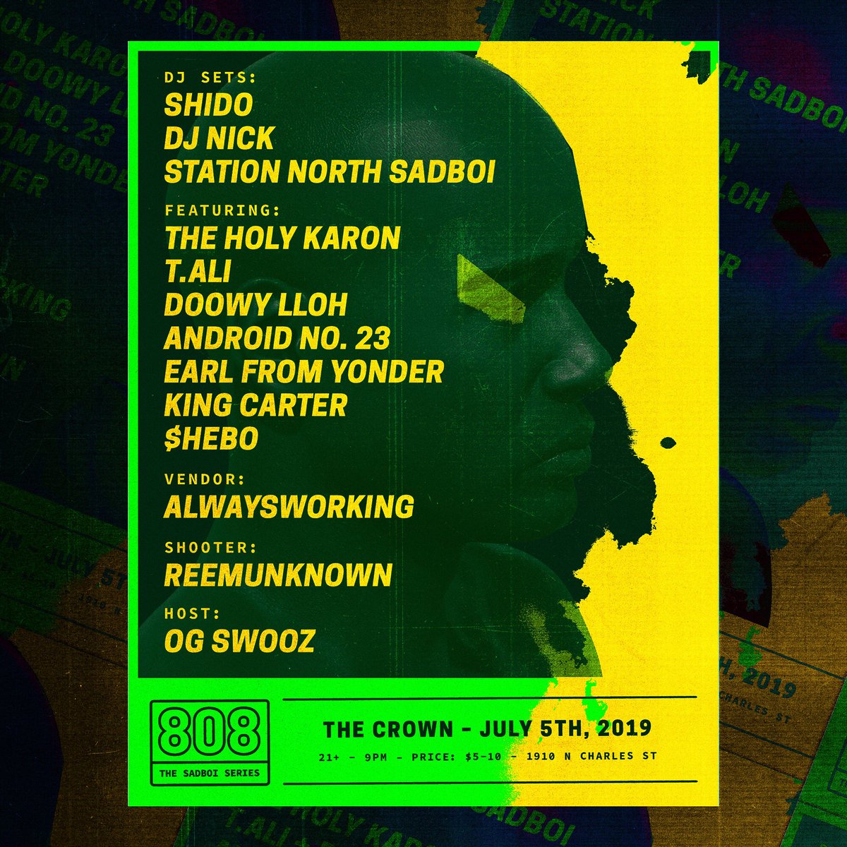 Vol. 23
July 5th.
Sets from 
@imbushido 
@DJNickMarino 
<a href="/BMoreAlien/">Alien Ohakaeze</a> 
Performances from
<a href="/LorHolyKaron/">The Holy Karon</a> 
<a href="/T_Alimusic/">AliWuzHere</a> 
<a href="/Doowy_LLOH/">HIMINEM</a> 
<a href="/AndroidNo23/">Android No. 23</a> 
<a href="/EarlfromYonder/">Yonder</a> 
<a href="/kingcarterslums/">moor4us</a> 
@SheboSavage 
Vendor
alwaysworking
Host
<a href="/GeorgioSwooz/">OG Swooz</a> 
Shooter
<a href="/reemunknown/">tron carter</a> 
Flyer by @RoninWood