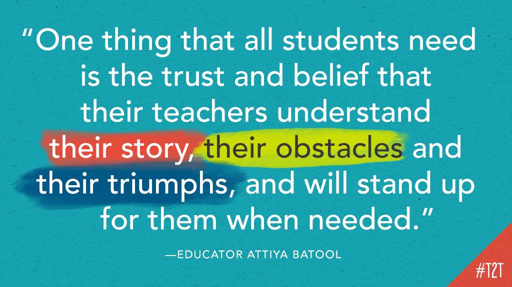teacher2teacher's tweet photo. Getting to know, see and empower Ss is a vital source of #MondayMotivation for educator @batool_attiya. How do you welcome all parts of a S's story into your classroom? #KidsDeserveIt #BeTheOne https://t.co/sEUHLWTCda