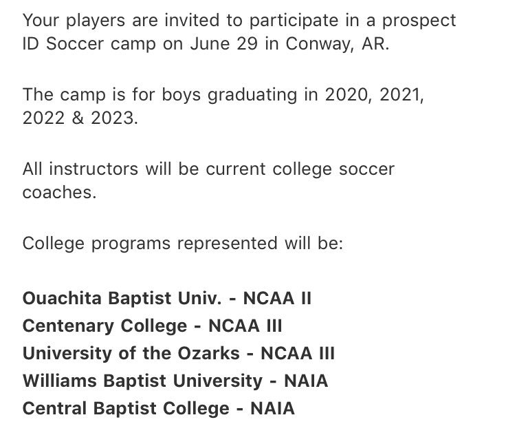 Soccer camp this summer for those guys who are interested. Link for info: ec3camps.com/soccer_conway-…
