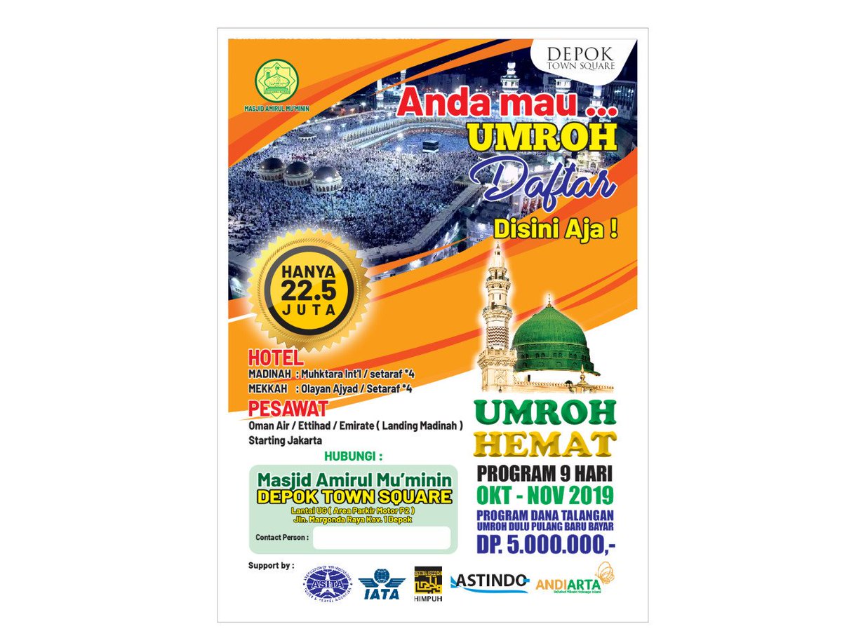 Mau UMROH, daftar aja kesini -->> 0838 9110 0426. Hanya dgn DP 5JT, sdh bs mengunjungi BAITULLAH dan berziarah ke makam ROSULULLAH SAW. Tersedia 45 sheet, ayo daftar sebelum kehabisan sheet. 
cc @Promo_Depok <a href="/promosidepok/">promodepok</a> <a href="/PromosiJakarta/">PromosiJakarta</a> <a href="/AmienWallpaper/">AmienWallpaper</a> <a href="/AmienPaytren/">AmienPaytrenDepok</a> <a href="/Kota_Depok/">Depok, Kota Impian</a>