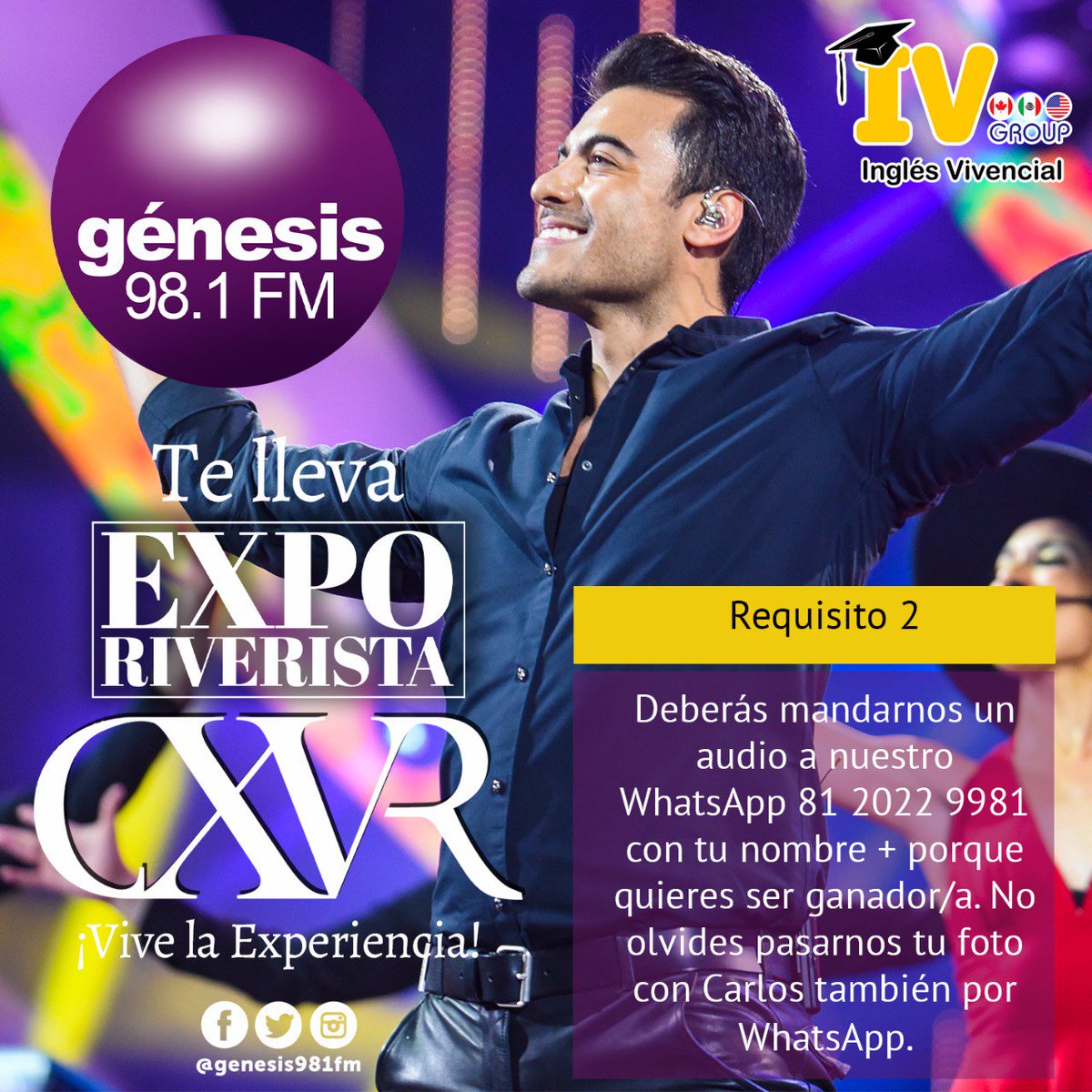 genesis981fm's tweet photo. ¡Atención #Riveristas llegó el momento de demostrar que tan fans son de @_CarlosRivera !
✈️💖

Te dejamos los 3 requisitos.🙌🏻⭐

(Nosotros escogeremos a las ganadoras). https://t.co/BHLCMmwB7h