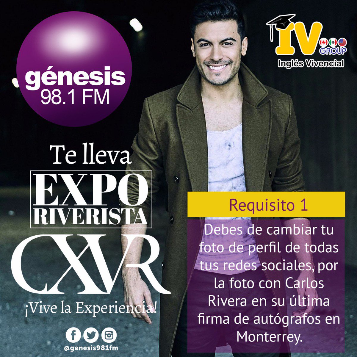 genesis981fm's tweet photo. ¡Atención #Riveristas llegó el momento de demostrar que tan fans son de @_CarlosRivera !
✈️💖

Te dejamos los 3 requisitos.🙌🏻⭐

(Nosotros escogeremos a las ganadoras). https://t.co/BHLCMmwB7h