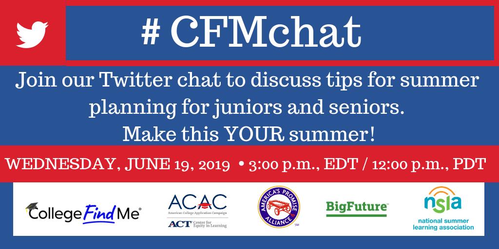 CollegeFindMe's tweet photo. Hey juniors and seniors! Make This YOUR Summer. College is right around the corner. Join our Twitter chat - #CFMchat - on Wednesday to learn how to get ahead this summer. #makethisyoursummer #college #education #collegeadmissions #SummerLearningWeek #GradNation #collegefindme https://t.co/W3WRhfypD5