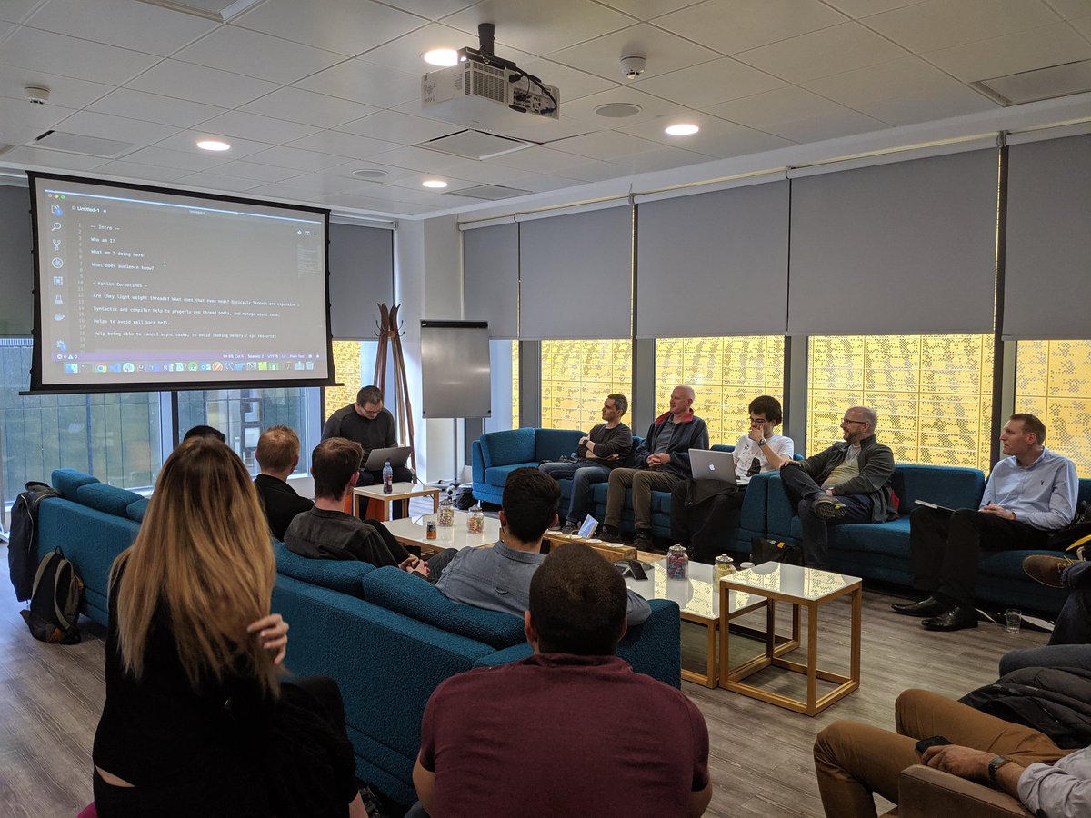 Today's meetup under way @ @AutoTraderLife - @tomOfCampbell talking about "Kotlin Co-routines" #AndroidMcr