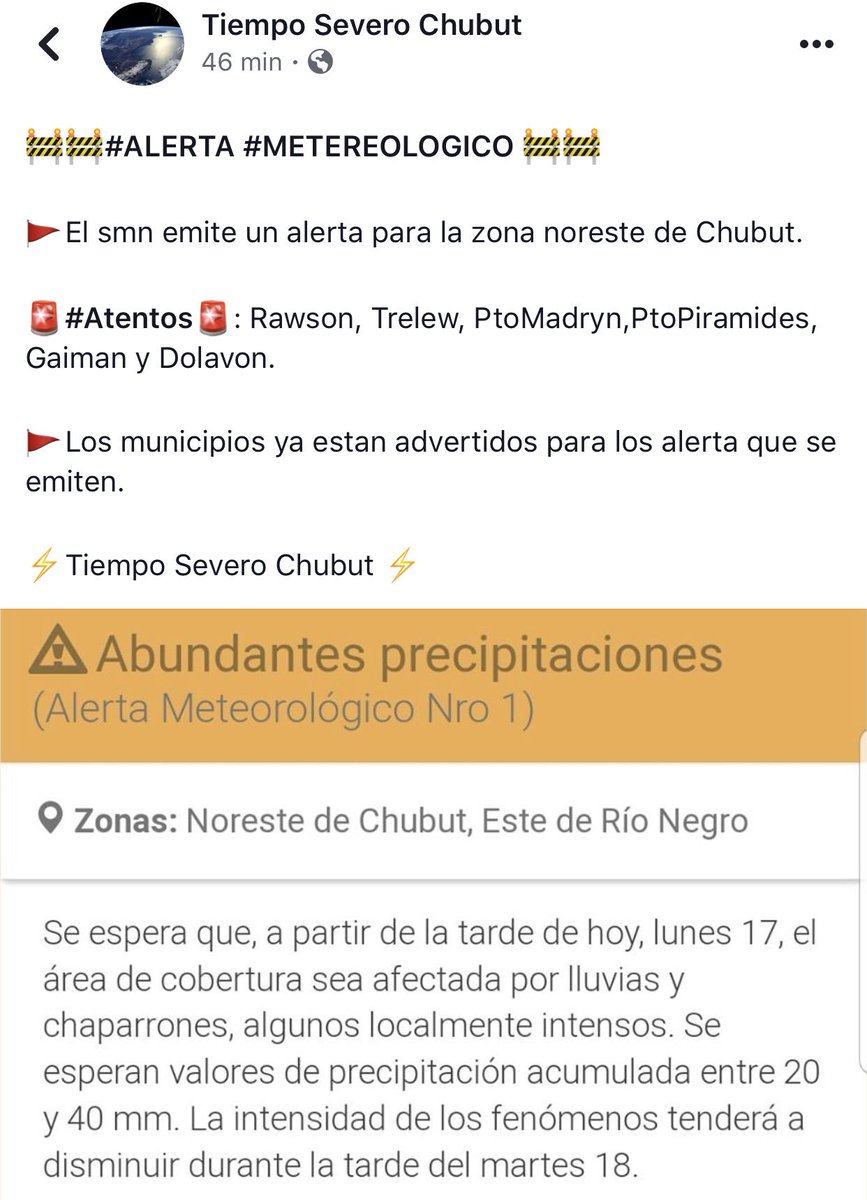 #Atencion ❗️
#PuertoMadryn #Trelew #Rawson #Piramides #Gaiman #Dolavon
Se esperan fuertes lluvias esta tarde según advierte el @SMN_Argentina 👇