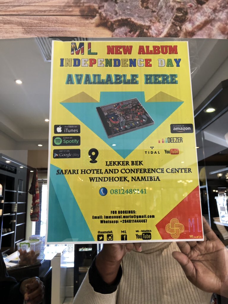 ML_Musik's tweet photo. Independence Day Album selling now at Safari Hotel at Lekker Bek shop just opposite the reception.  When you find yourself attending meetings there, grab your copy for N$150!

#MLMusic #AfricaWide https://t.co/HYXRkGRUIk