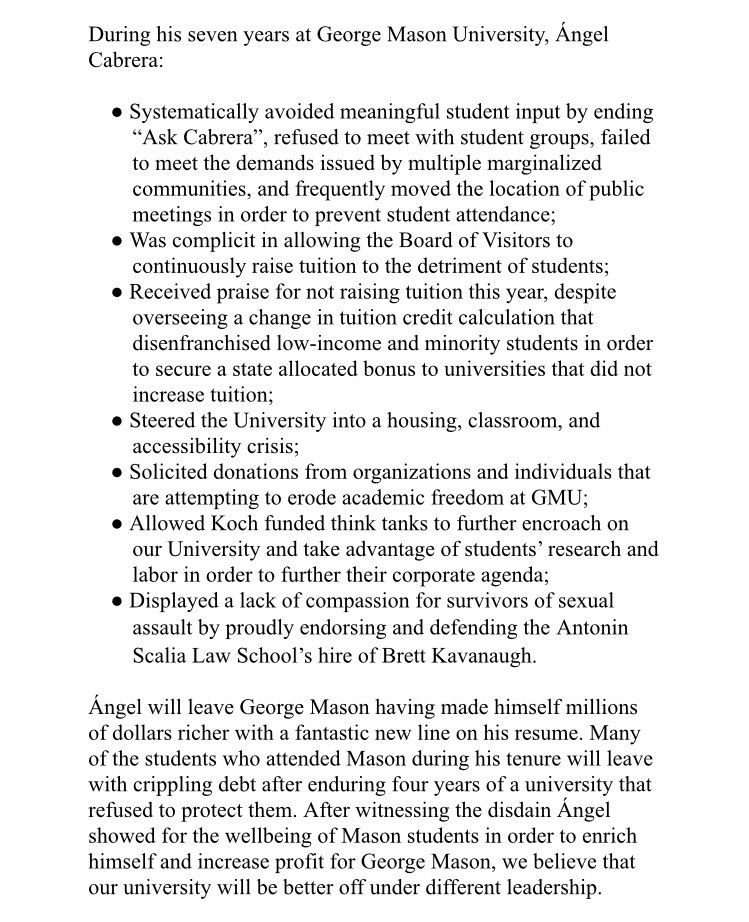 Mason4Survivors's tweet photo. Our response to President Cabrera’s departure from GMU to pursue the presidency at Georgia Tech. https://t.co/b4ZQpulYLx