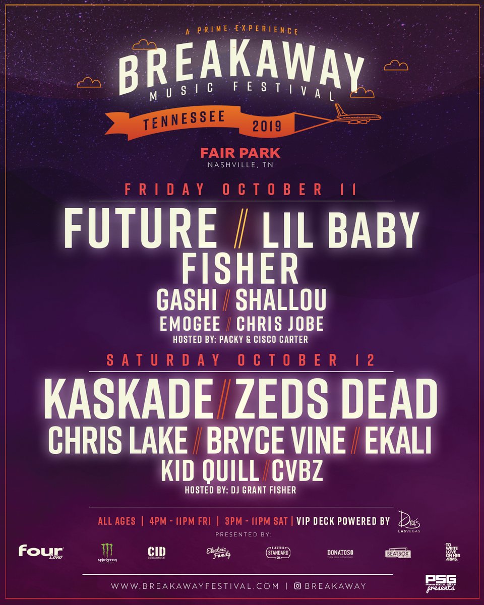 BreakawayFest's tweet image. Get to Nashville, TN for Breakaway Music Festival this October! Don't miss your chance to see Future, Kaskade, Lil Baby, Zeds Dead, and MORE!🎶

***RETWEET for a chance to win two tickets to #BreakawayTennessee!***

🎟️: Tennessee.BreakawayFestival.com