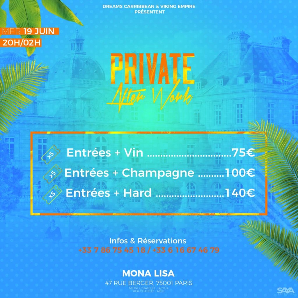 VikingEmpire_'s tweet photo. Réserve vite ton pack pour la dernière Private After Work de la saison. 🍾🔥
#PrivateAfterwork
#SummerEdition
#DreamsCaribbean #VikingEmpire
#Paris
#MonaLisa https://t.co/IrfvRQWOmY