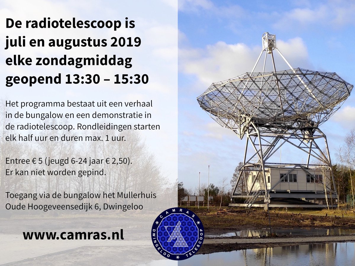 radiotelescoop's tweet image. De radiotelescoop is in juli en augustus elke zondagmiddag open. Kom langs voor een rondleiding en demonstratie! Meer informatie: camras.nl/blog/2019/zome…