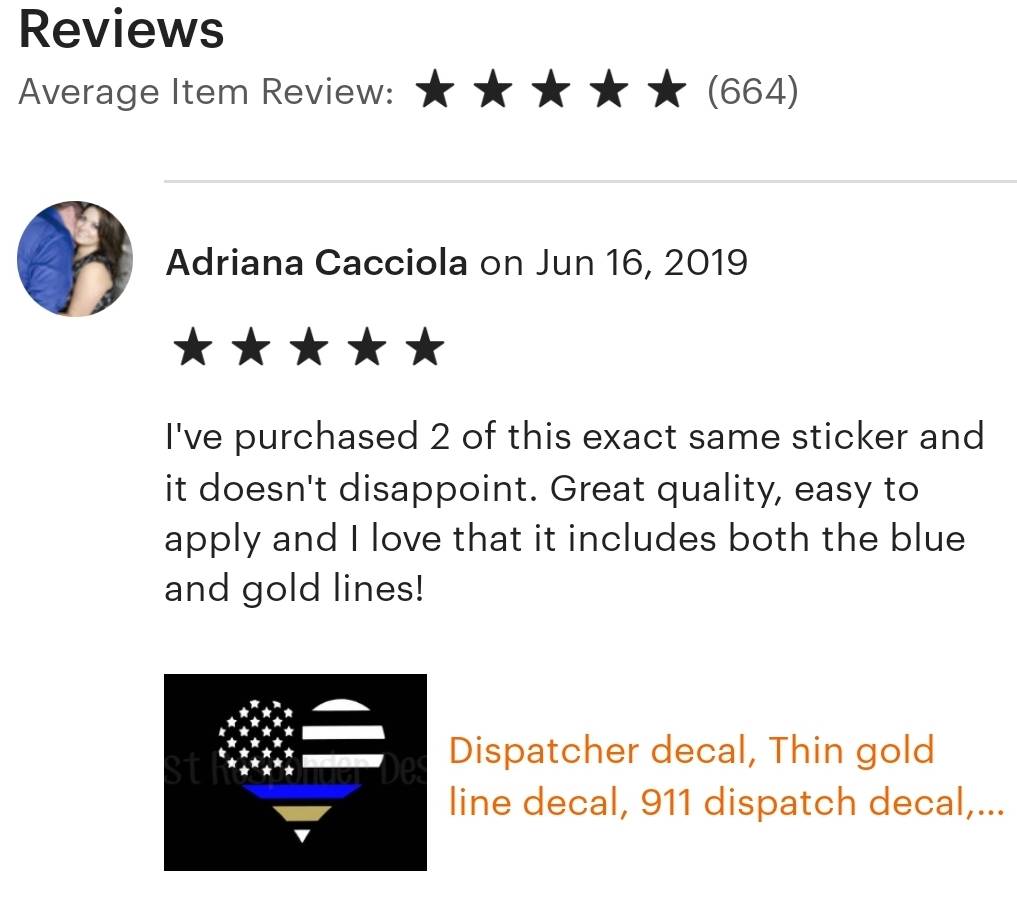 1stRspndrDesign's tweet photo. Thanks for the sweet review Adriana! 
Check out more of our #dispatcher decals here:
 🏪https://t.co/w7vCJRnhVT 
▫️
#bestcustomers #5star #etsy #etsyreview #firstfirstresponder #thingoldline #911dispatchers #follow #share https://t.co/zPw5B5Cmqf