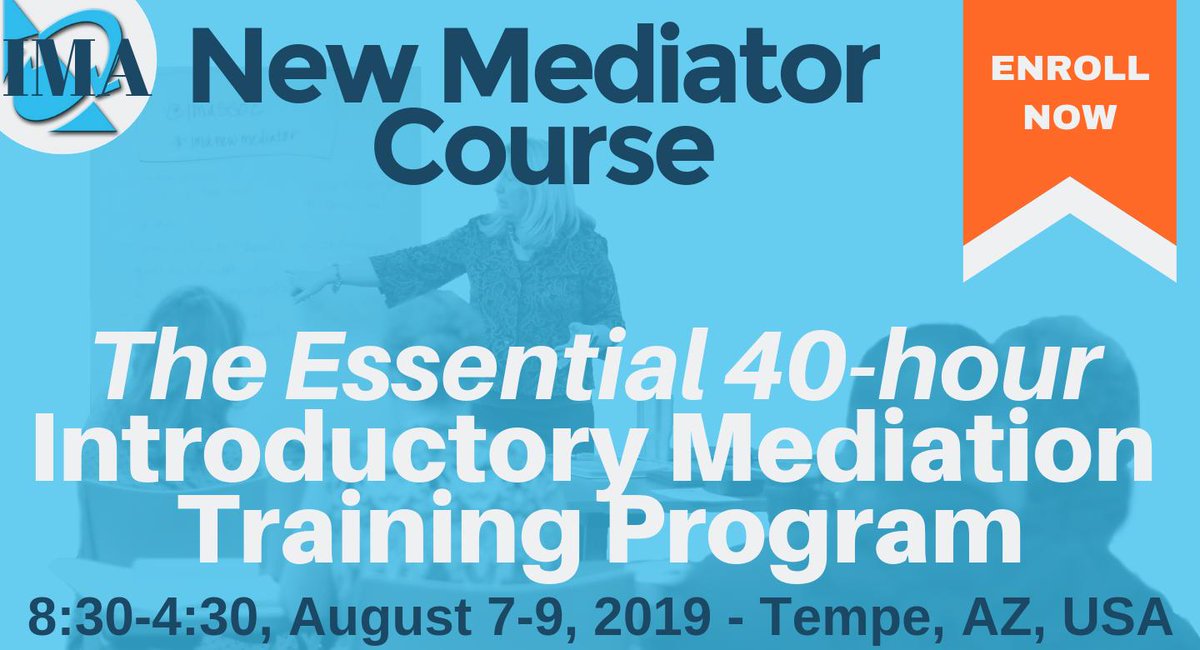 Want to become a mediator? Get instant access to self-paced content and then join your class August 7-9, 2019 in AZ. Space is limited! http://bit.ly/317ON5b
#mediationtraining #mediator #mediatortraining #mediation #imanewmediator #becomeamediator #learntomediate #mediate