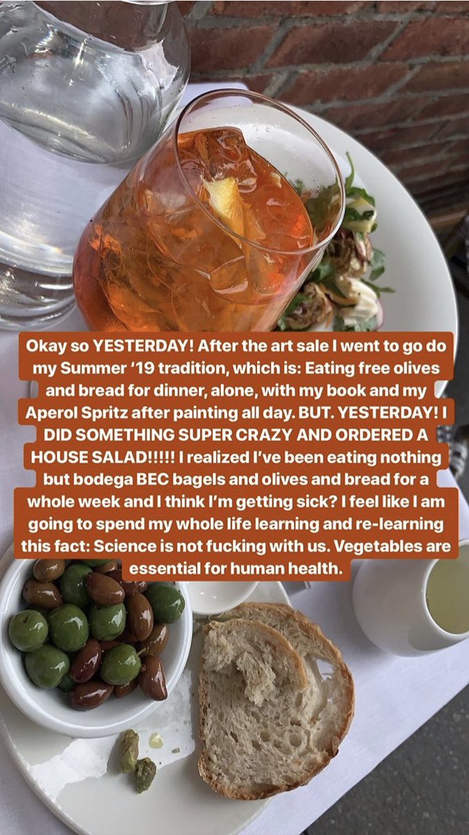 Caroline is so poor she’s been ordering a 13 dollar spritz everyday as a meal. to fix her nutrient deficiency she eats one (1) 15 dollar salad