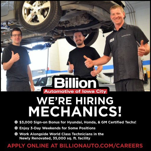 Hiring Technicians/Mechanics in Iowa City!

-$3000 Sign on Bonus
-3 day Weekends
-Huge Air-Conditioned Facility
Just 3 of the Billion reasons to apply!

ow.ly/ZSIC50uGrtQ

#BillionReasonsWhy #GearHeads #Mechanics #Auto #Hiring #Careers #TurnWrenches