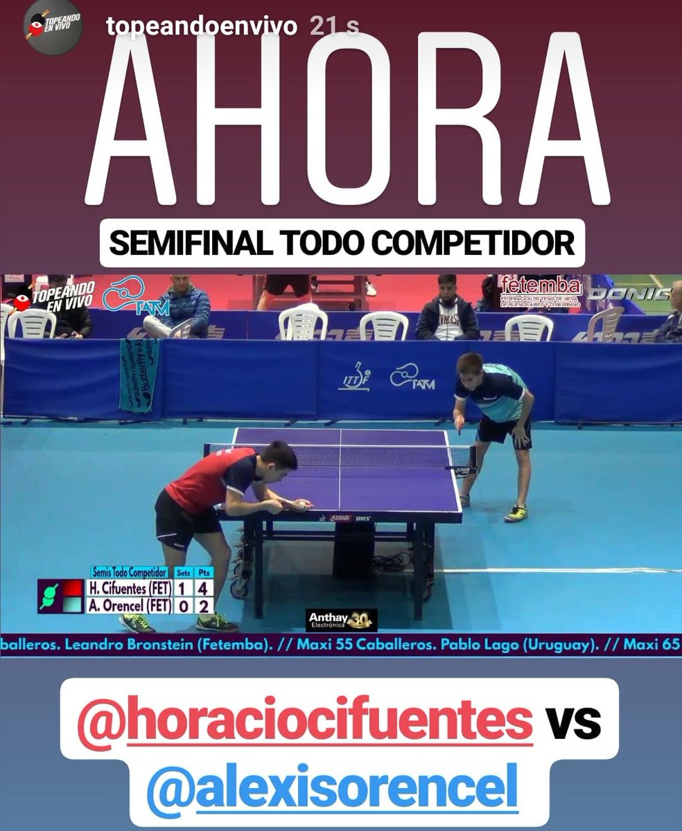 TopeandoEnVivo's tweet photo. AHORA EN VIVO
Semifinal - Todo Competidor
Horacio Cifuentes el mejor jugador argentino ranqueado en el mundo (75°) juega frente a Alexis Orencel
LO VES EN VIVO ACÁ ➡️ https://t.co/XDn8ob9oZ7
#TENISDEMESA #pingpong #deportes #ElDeporteQueSeVive #fetemba #grandprix https://t.co/hhAiesNCxD