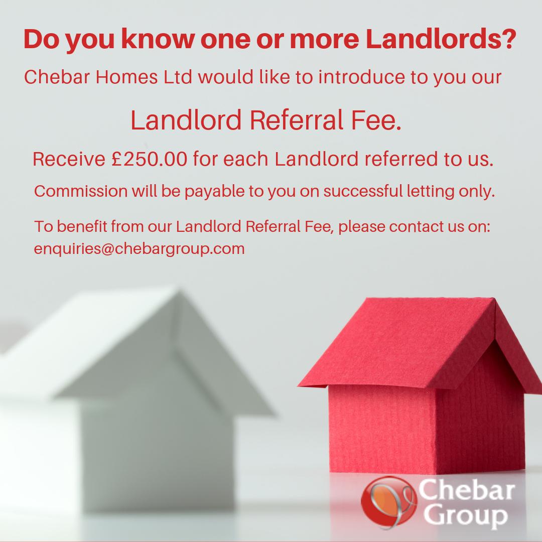 ChebarGroup's tweet image. Do you know any #landlords? Refer them to us and earn yourself a £250 referral fee!

Contact us on enquiries@chebargroup.com for more information!